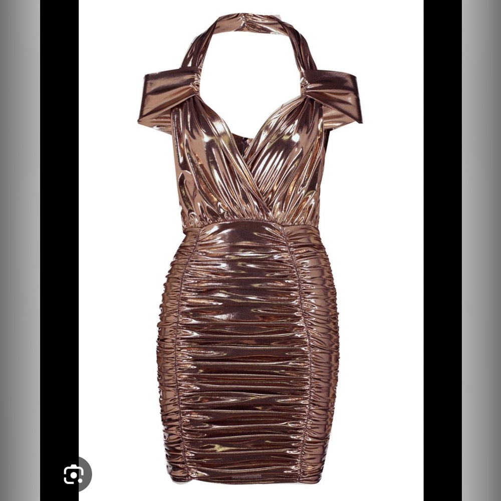 ALL OVER RUCHED HALTERNECK METALLIC DRESS